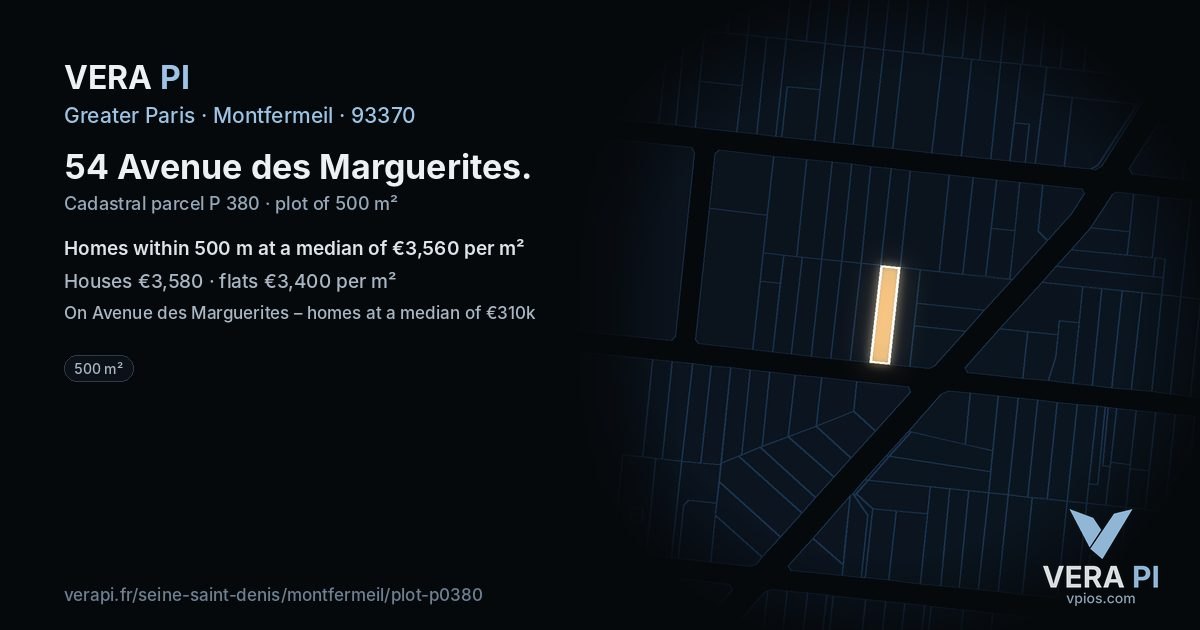 54 Avenue des Marguerites, Montfermeil at night – the plot lit, the parcels around coloured by the prices near them