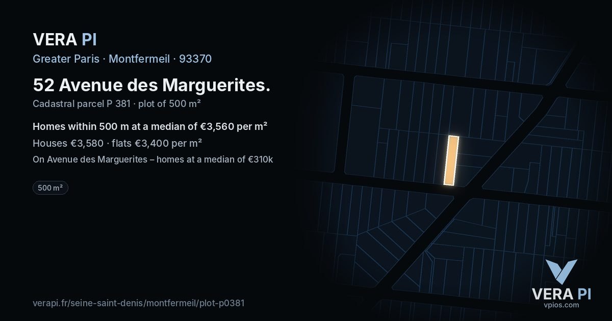 52 Avenue des Marguerites, Montfermeil at night – the plot lit, the parcels around coloured by the prices near them