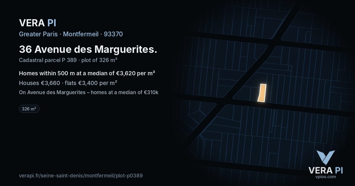 36 Avenue des Marguerites, Montfermeil at night – the plot lit, the parcels around coloured by the prices near them