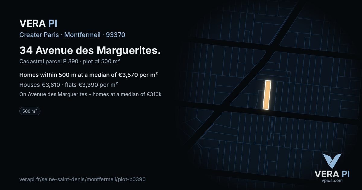 34 Avenue des Marguerites, Montfermeil at night – the plot lit, the parcels around coloured by the prices near them