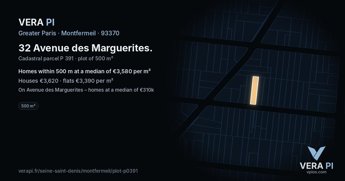 32 Avenue des Marguerites, Montfermeil at night – the plot lit, the parcels around coloured by the prices near them