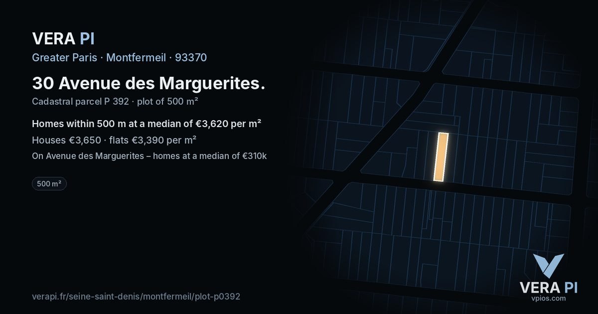 30 Avenue des Marguerites, Montfermeil at night – the plot lit, the parcels around coloured by the prices near them