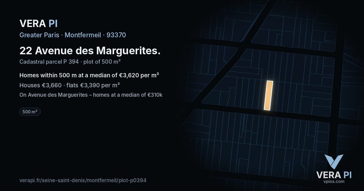 22 Avenue des Marguerites, Montfermeil at night – the plot lit, the parcels around coloured by the prices near them
