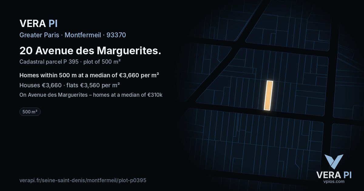 20 Avenue des Marguerites, Montfermeil at night – the plot lit, the parcels around coloured by the prices near them