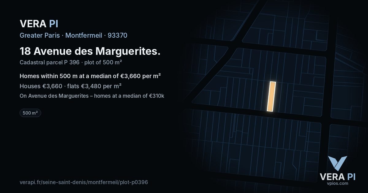 18 Avenue des Marguerites, Montfermeil at night – the plot lit, the parcels around coloured by the prices near them