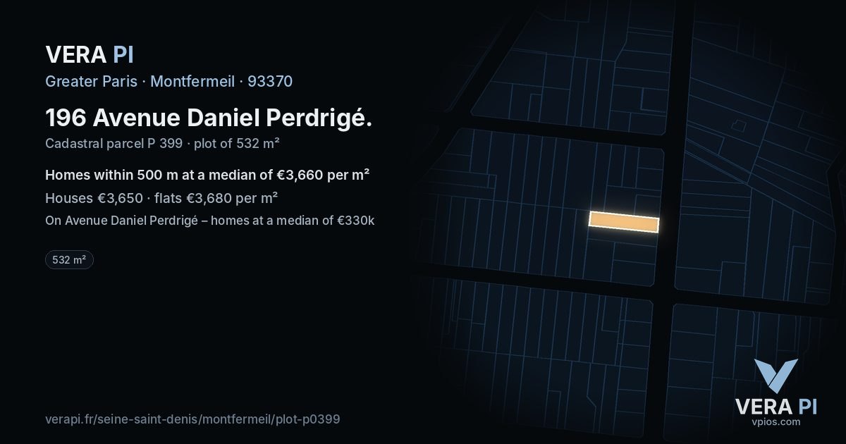 196 Avenue Daniel Perdrigé, Montfermeil at night – the plot lit, the parcels around coloured by the prices near them