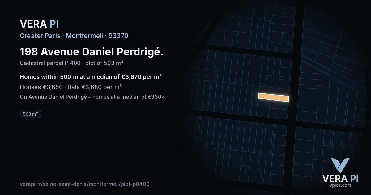 198 Avenue Daniel Perdrigé, Montfermeil at night – the plot lit, the parcels around coloured by the prices near them