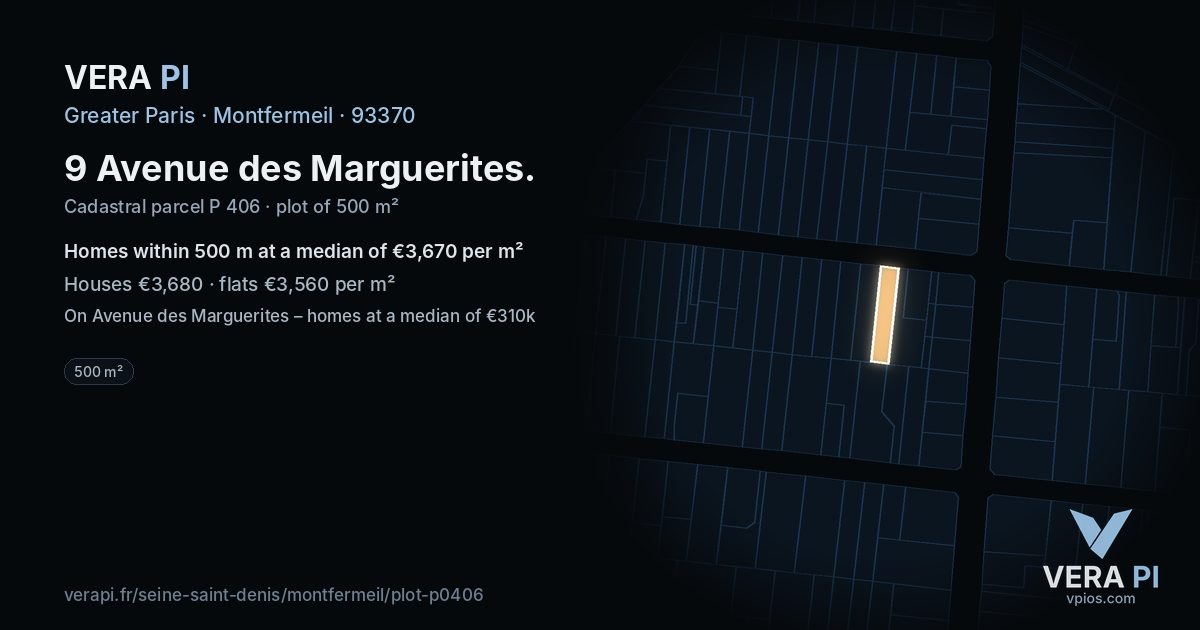 9 Avenue des Marguerites, Montfermeil at night – the plot lit, the parcels around coloured by the prices near them