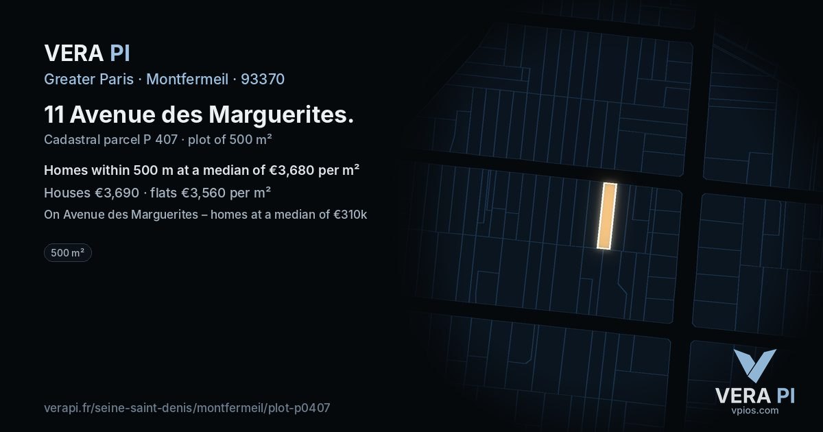 11 Avenue des Marguerites, Montfermeil at night – the plot lit, the parcels around coloured by the prices near them