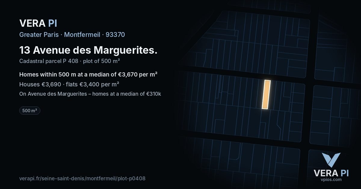 13 Avenue des Marguerites, Montfermeil at night – the plot lit, the parcels around coloured by the prices near them