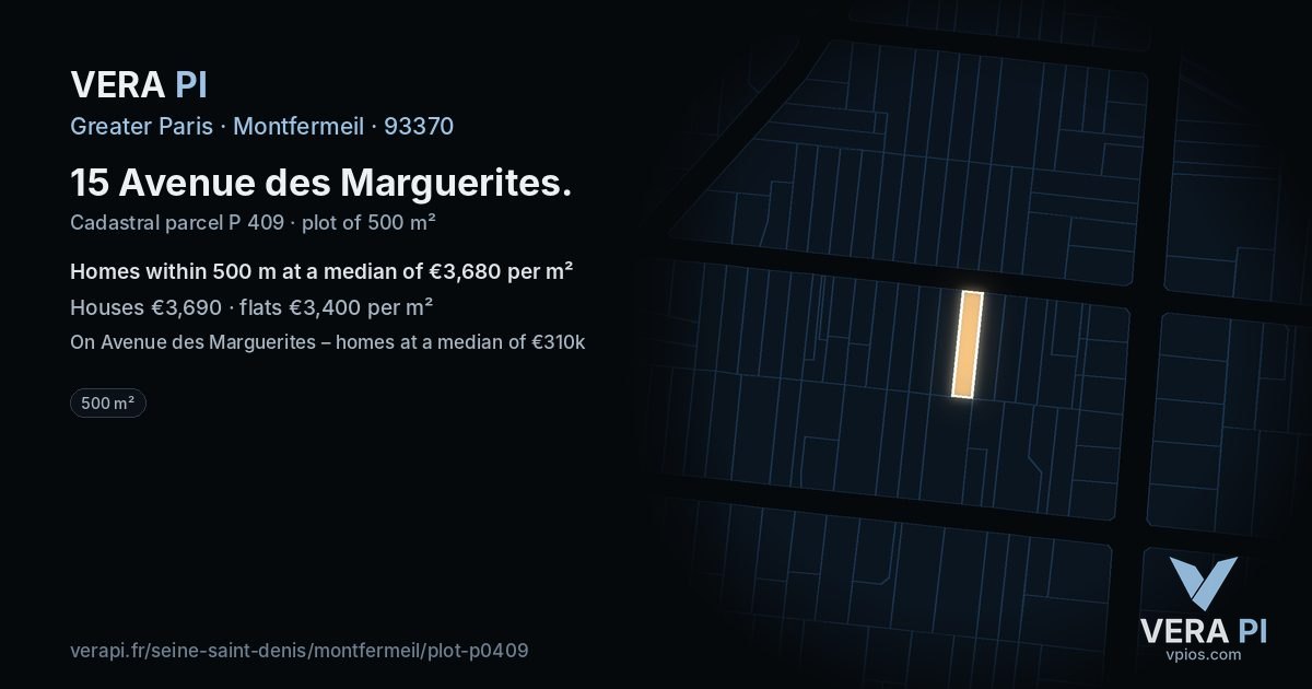 15 Avenue des Marguerites, Montfermeil at night – the plot lit, the parcels around coloured by the prices near them