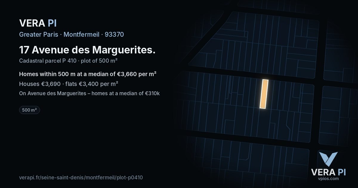 17 Avenue des Marguerites, Montfermeil at night – the plot lit, the parcels around coloured by the prices near them