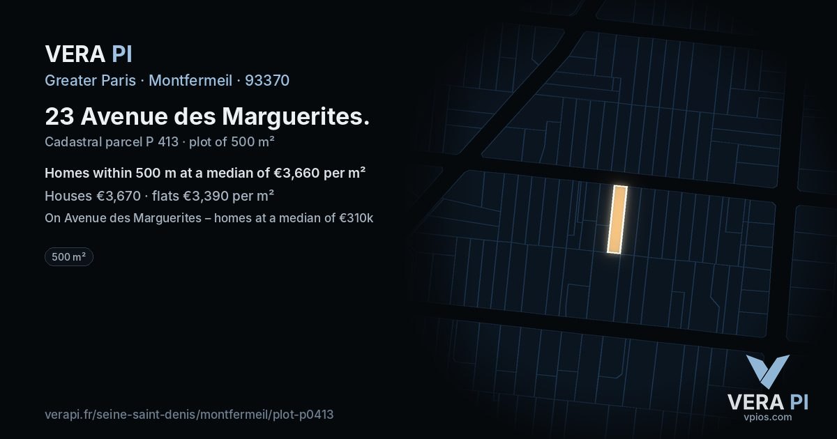 23 Avenue des Marguerites, Montfermeil at night – the plot lit, the parcels around coloured by the prices near them
