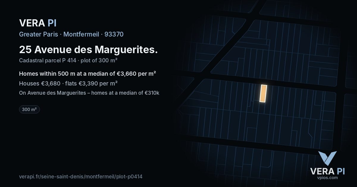 25 Avenue des Marguerites, Montfermeil at night – the plot lit, the parcels around coloured by the prices near them
