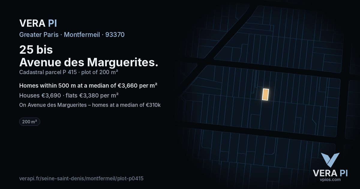 25 bis Avenue des Marguerites, Montfermeil at night – the plot lit, the parcels around coloured by the prices near them