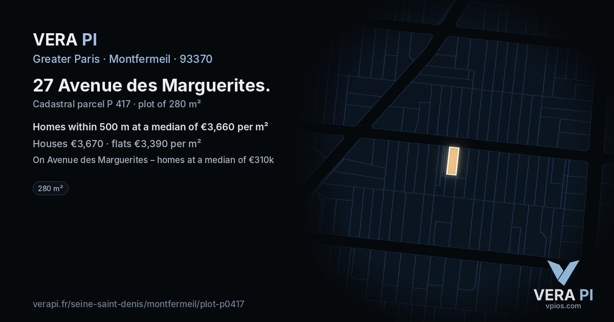 27 Avenue des Marguerites, Montfermeil at night – the plot lit, the parcels around coloured by the prices near them