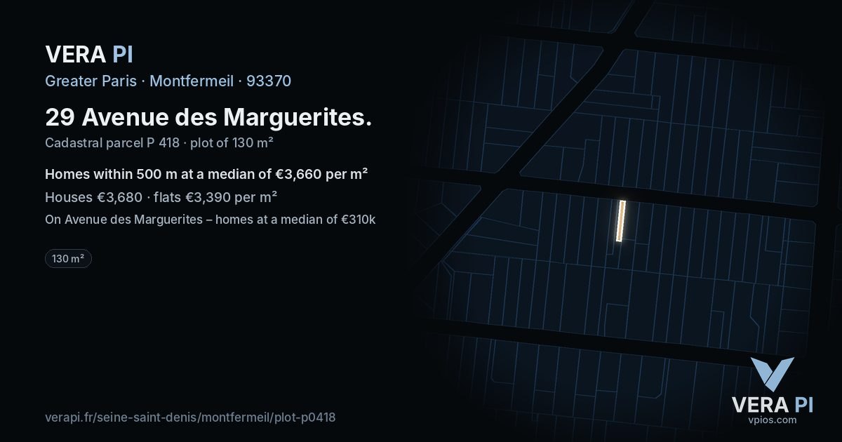 29 Avenue des Marguerites, Montfermeil at night – the plot lit, the parcels around coloured by the prices near them