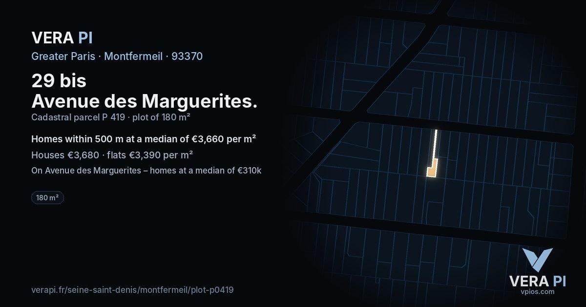 29 bis Avenue des Marguerites, Montfermeil at night – the plot lit, the parcels around coloured by the prices near them