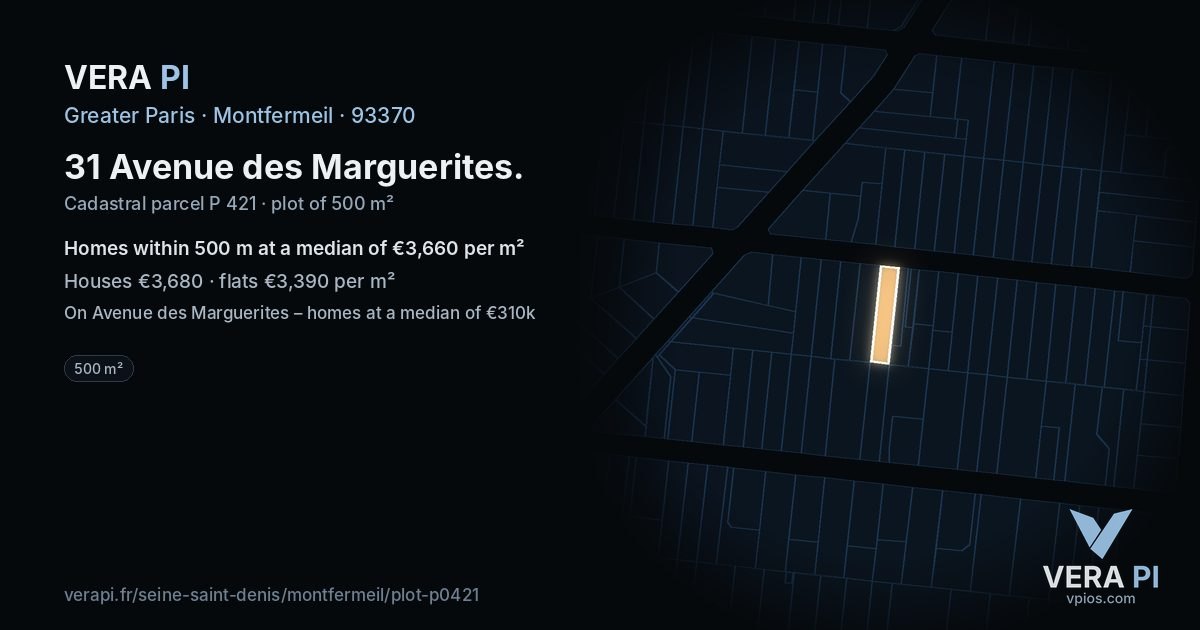 31 Avenue des Marguerites, Montfermeil at night – the plot lit, the parcels around coloured by the prices near them