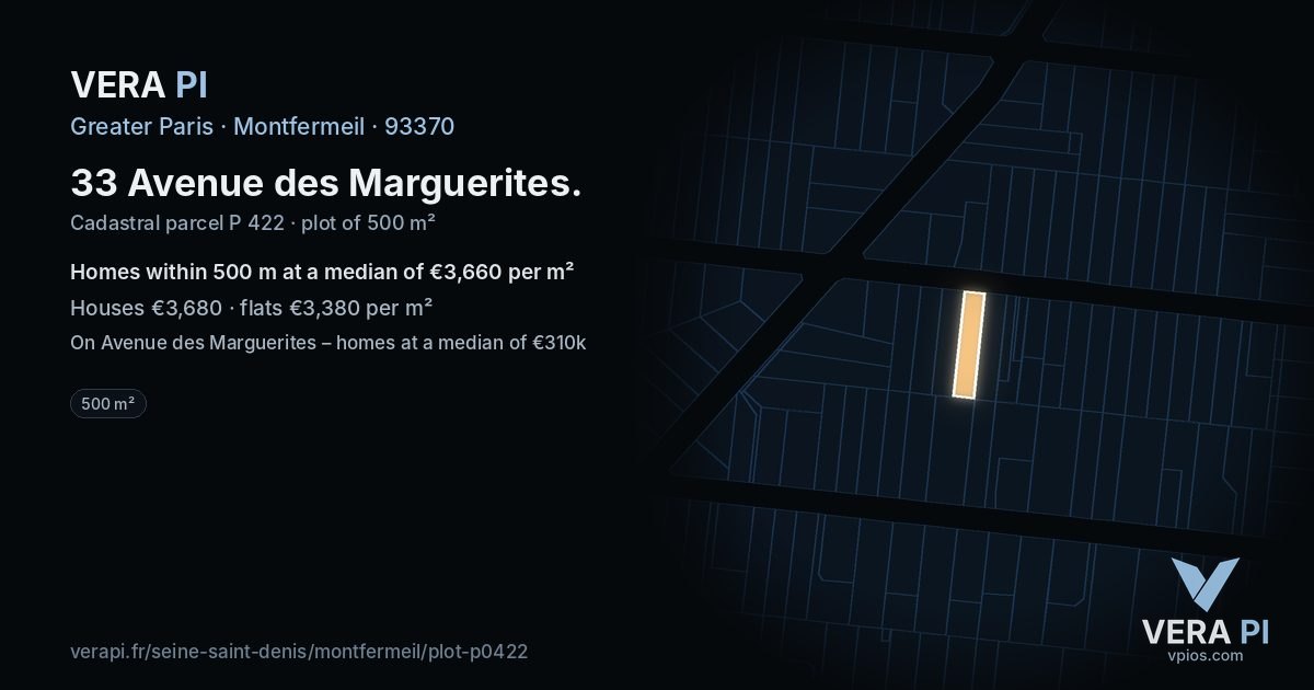 33 Avenue des Marguerites, Montfermeil at night – the plot lit, the parcels around coloured by the prices near them