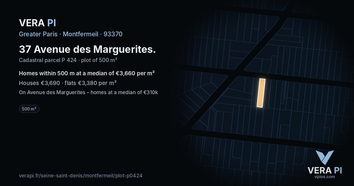 37 Avenue des Marguerites, Montfermeil at night – the plot lit, the parcels around coloured by the prices near them
