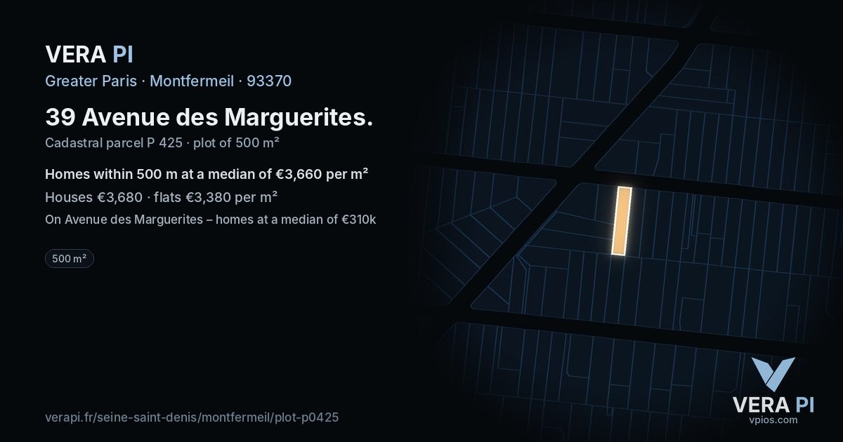 39 Avenue des Marguerites, Montfermeil at night – the plot lit, the parcels around coloured by the prices near them