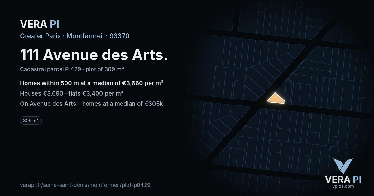 111 Avenue des Arts, Montfermeil at night – the plot lit, the parcels around coloured by the prices near them