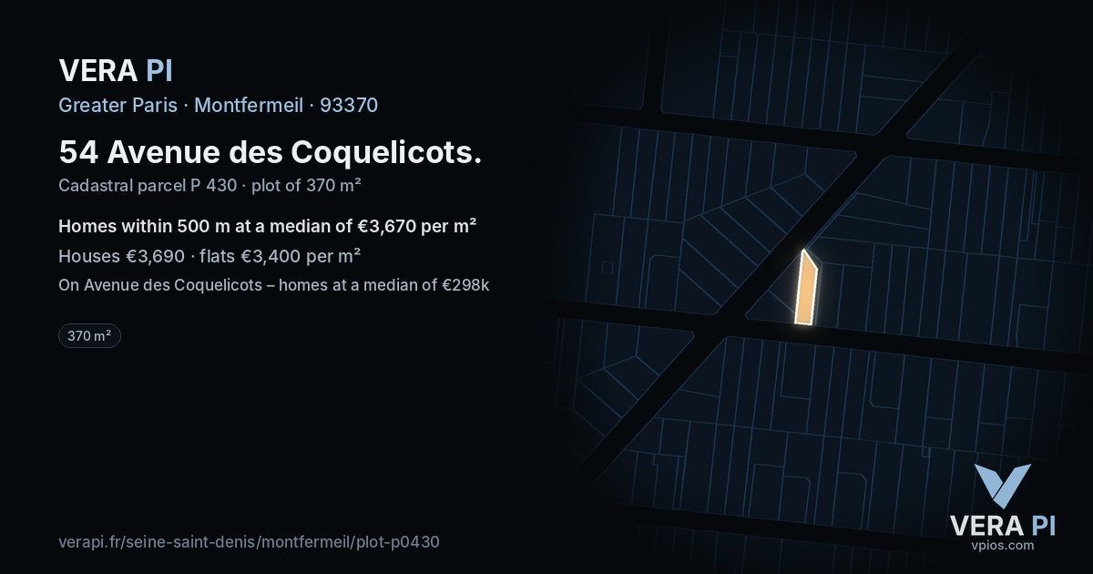 54 Avenue des Coquelicots, Montfermeil at night – the plot lit, the parcels around coloured by the prices near them