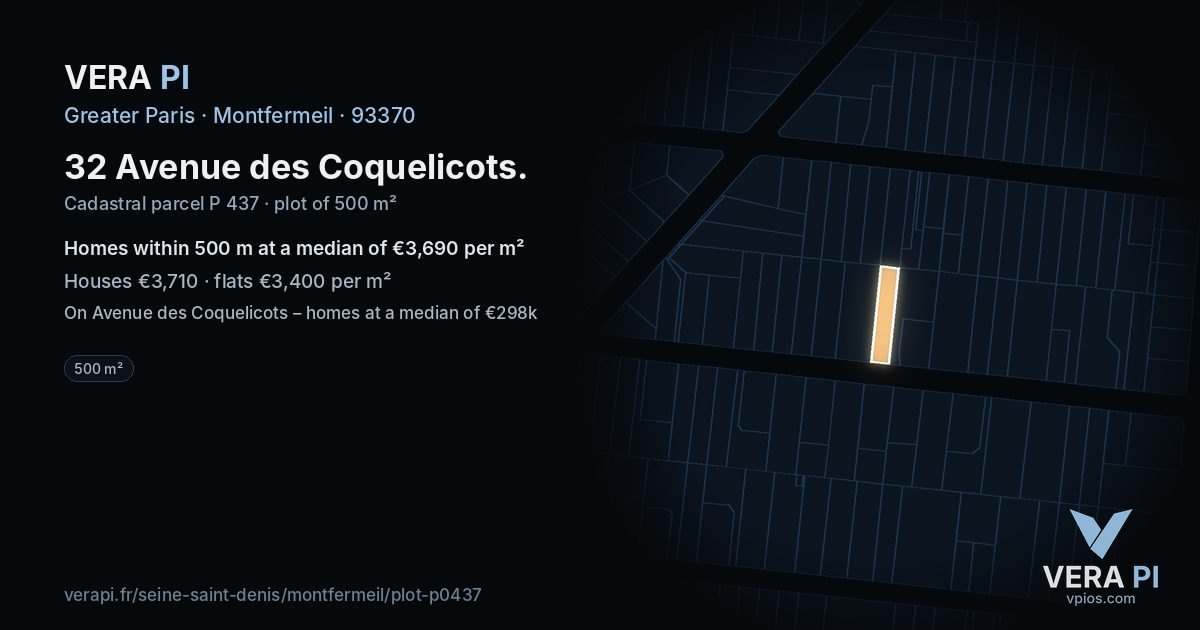 32 Avenue des Coquelicots, Montfermeil at night – the plot lit, the parcels around coloured by the prices near them