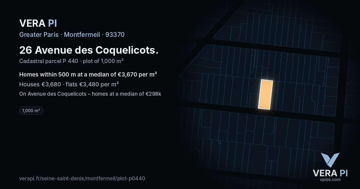 26 Avenue des Coquelicots, Montfermeil at night – the plot lit, the parcels around coloured by the prices near them