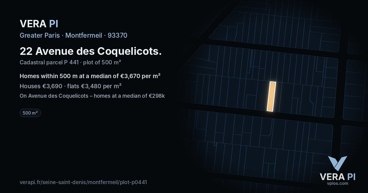 22 Avenue des Coquelicots, Montfermeil at night – the plot lit, the parcels around coloured by the prices near them