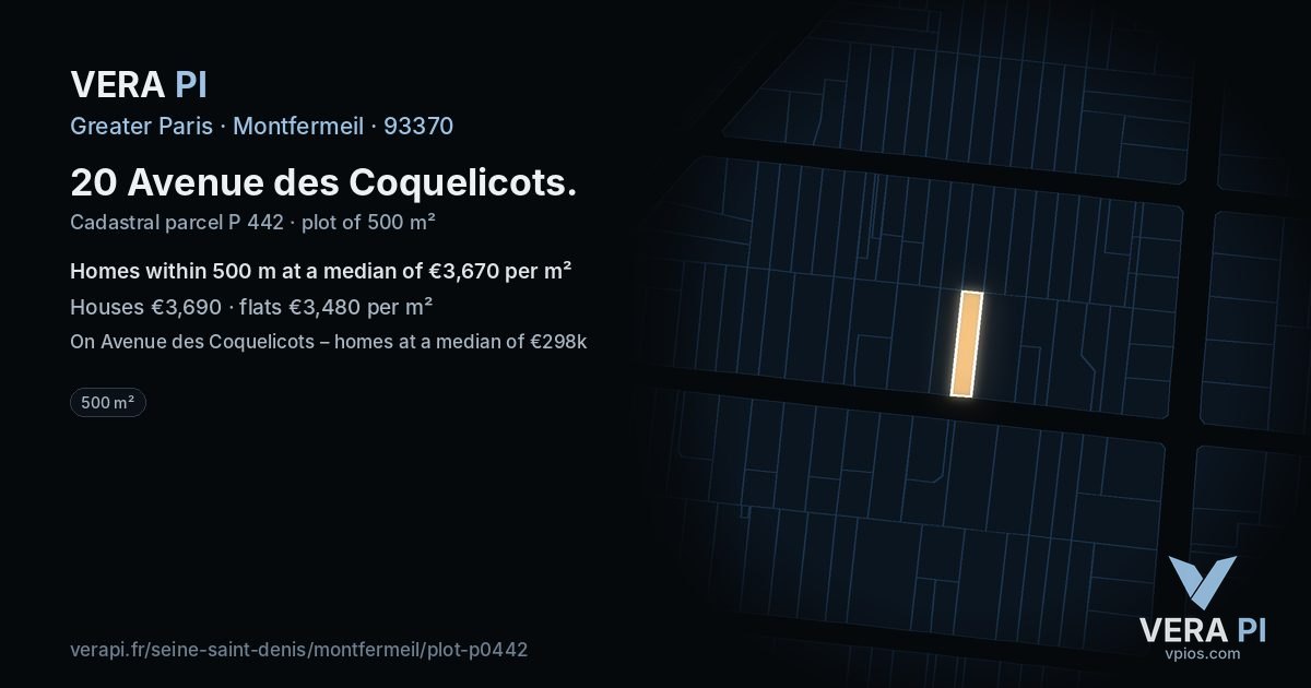 20 Avenue des Coquelicots, Montfermeil at night – the plot lit, the parcels around coloured by the prices near them