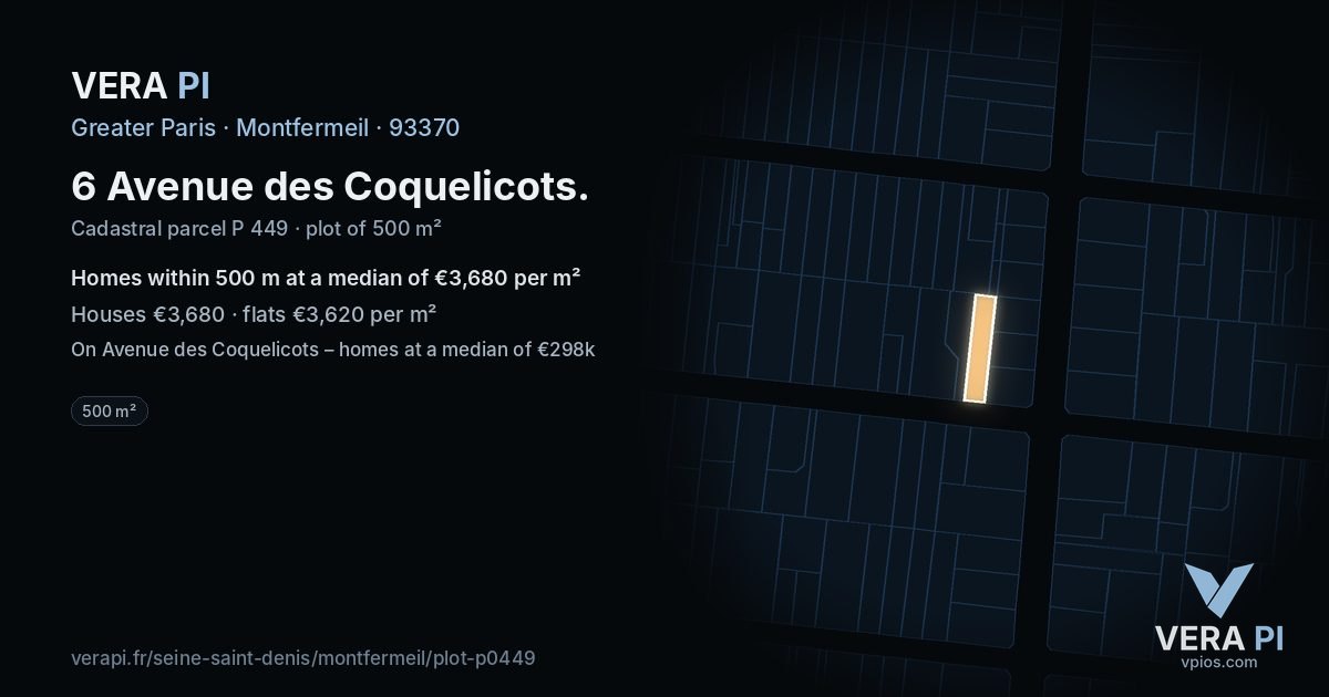 6 Avenue des Coquelicots, Montfermeil at night – the plot lit, the parcels around coloured by the prices near them