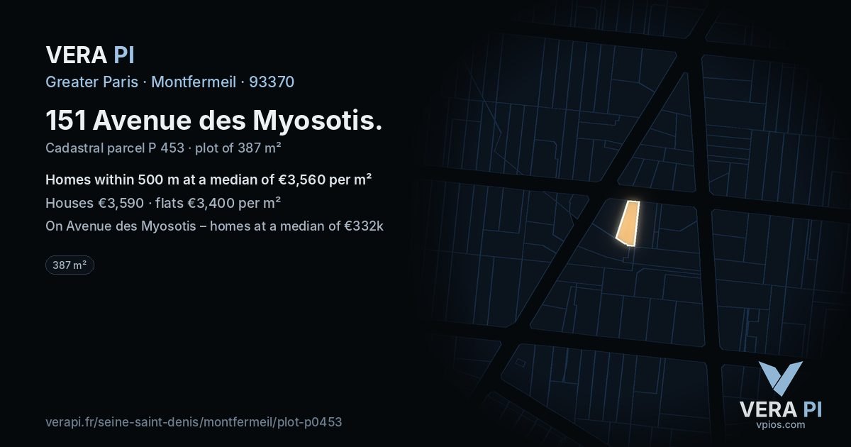 151 Avenue des Myosotis, Montfermeil at night – the plot lit, the parcels around coloured by the prices near them