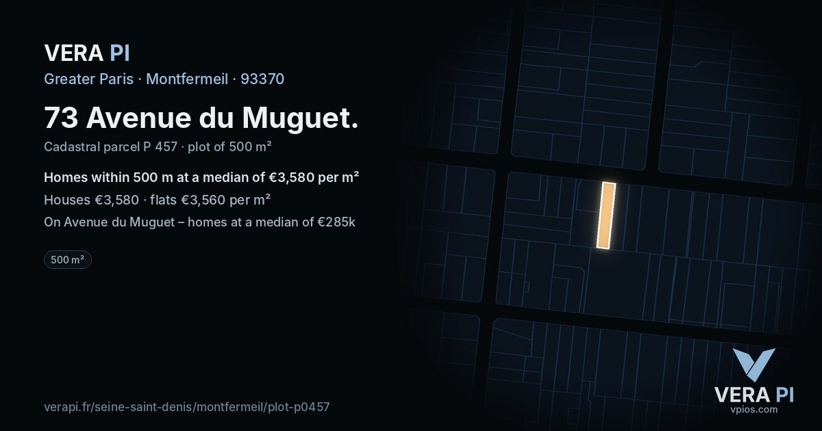 73 Avenue du Muguet, Montfermeil at night – the plot lit, the parcels around coloured by the prices near them