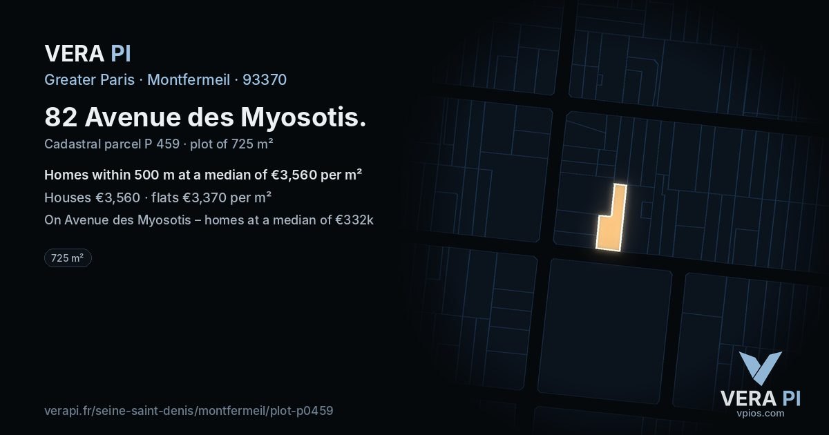 82 Avenue des Myosotis, Montfermeil at night – the plot lit, the parcels around coloured by the prices near them