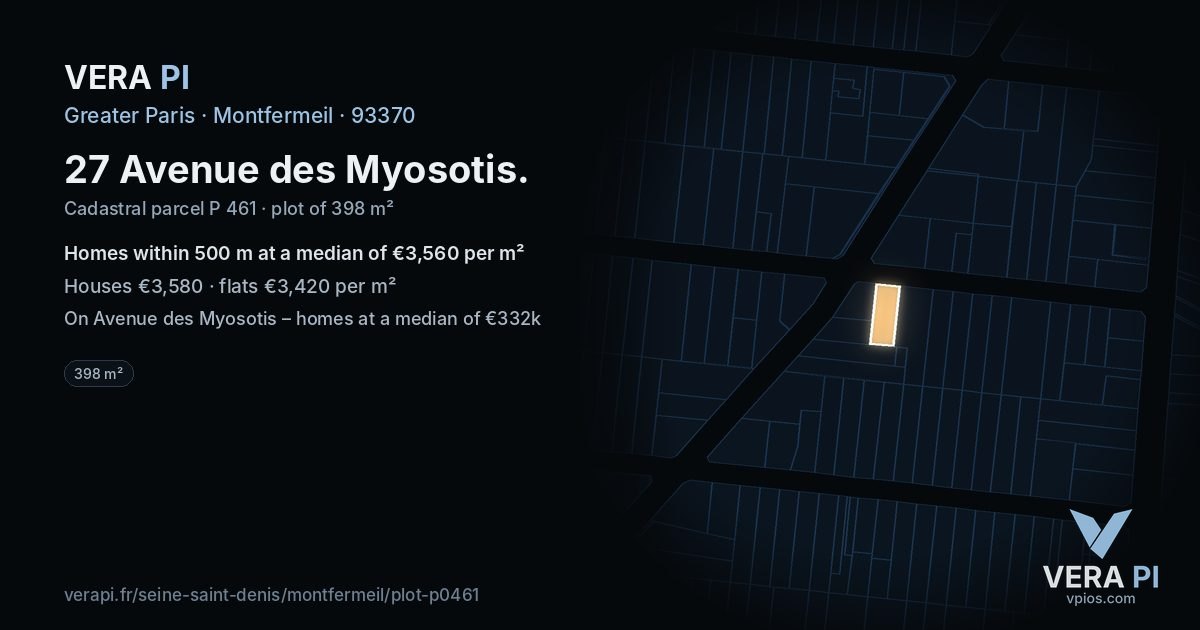 27 Avenue des Myosotis, Montfermeil at night – the plot lit, the parcels around coloured by the prices near them