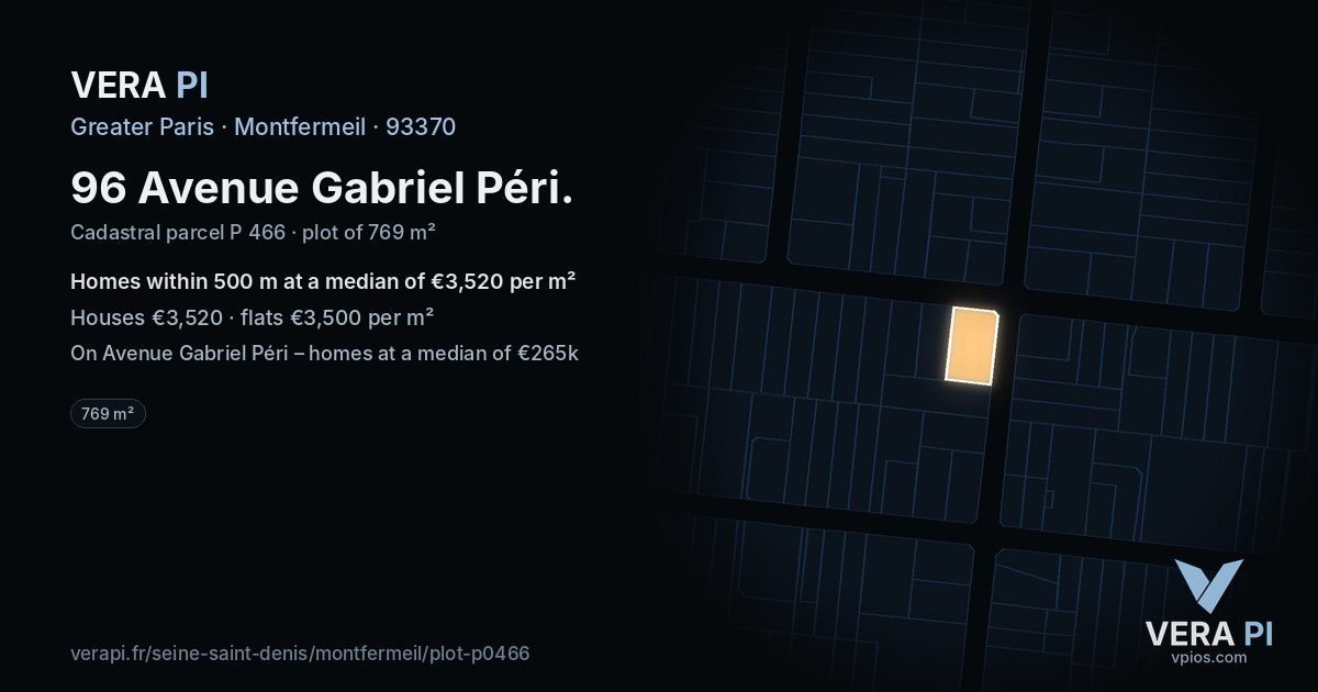 96 Avenue Gabriel Péri, Montfermeil at night – the plot lit, the parcels around coloured by the prices near them