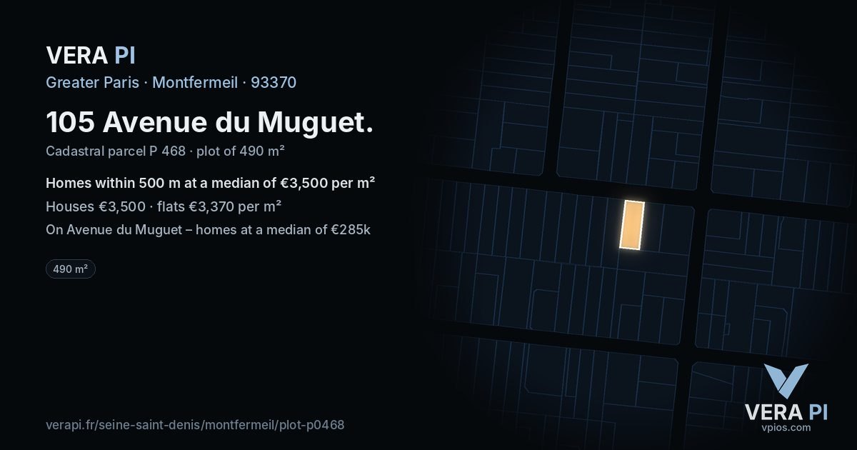 105 Avenue du Muguet, Montfermeil at night – the plot lit, the parcels around coloured by the prices near them