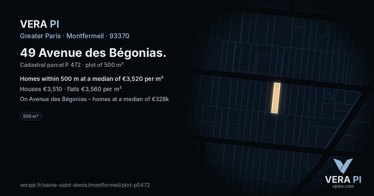 49 Avenue des Bégonias, Montfermeil at night – the plot lit, the parcels around coloured by the prices near them