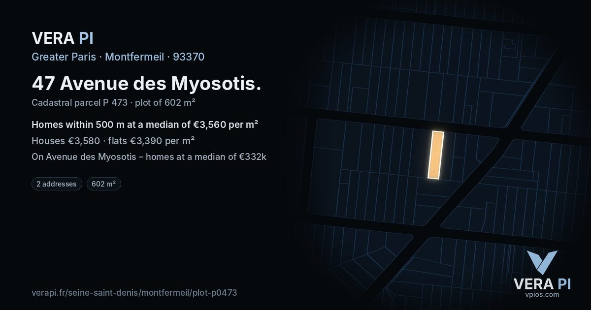 47 Avenue des Myosotis, Montfermeil at night – the plot lit, the parcels around coloured by the prices near them