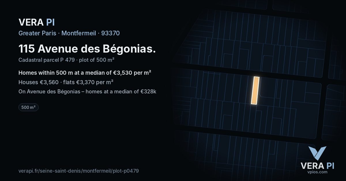 115 Avenue des Bégonias, Montfermeil at night – the plot lit, the parcels around coloured by the prices near them