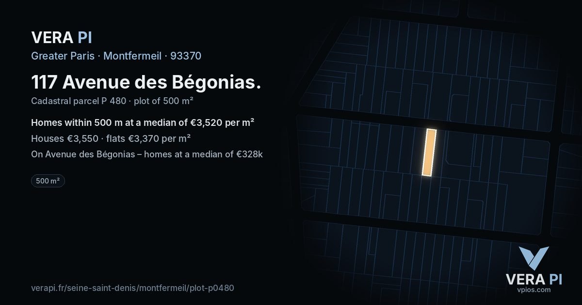 117 Avenue des Bégonias, Montfermeil at night – the plot lit, the parcels around coloured by the prices near them