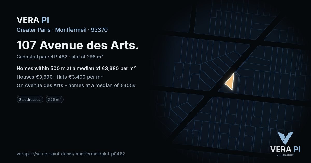 107 Avenue des Arts, Montfermeil at night – the plot lit, the parcels around coloured by the prices near them