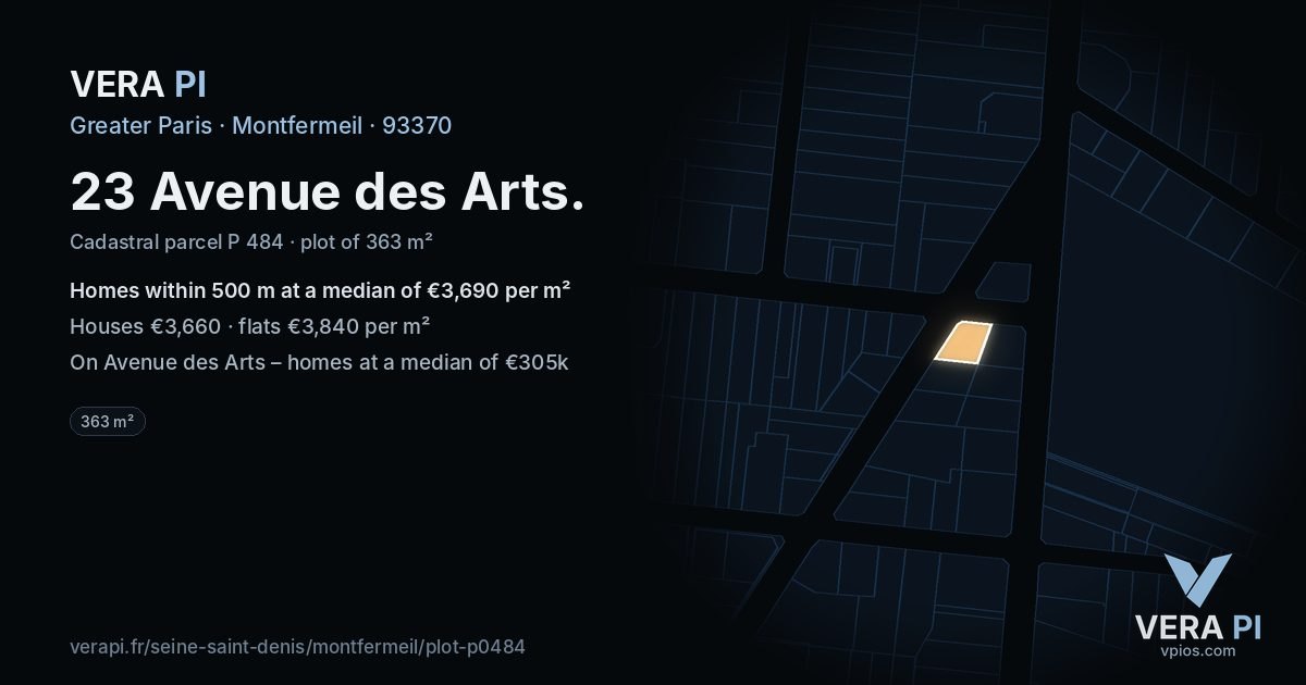 23 Avenue des Arts, Montfermeil at night – the plot lit, the parcels around coloured by the prices near them