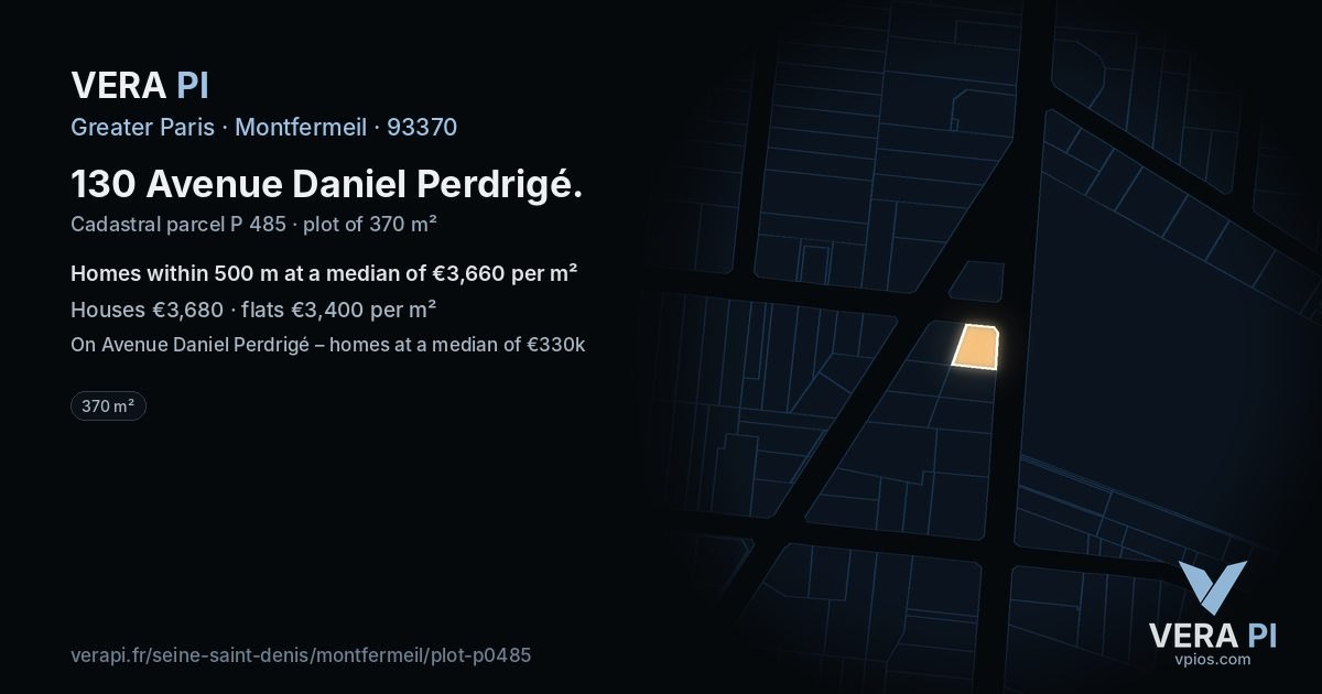 130 Avenue Daniel Perdrigé, Montfermeil at night – the plot lit, the parcels around coloured by the prices near them