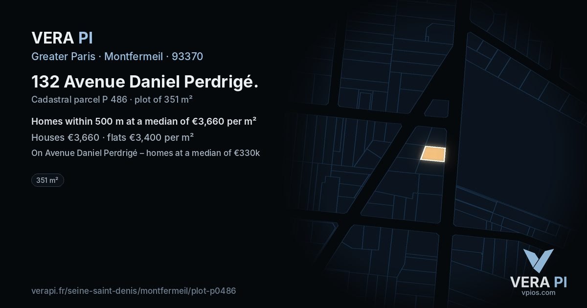 132 Avenue Daniel Perdrigé, Montfermeil at night – the plot lit, the parcels around coloured by the prices near them