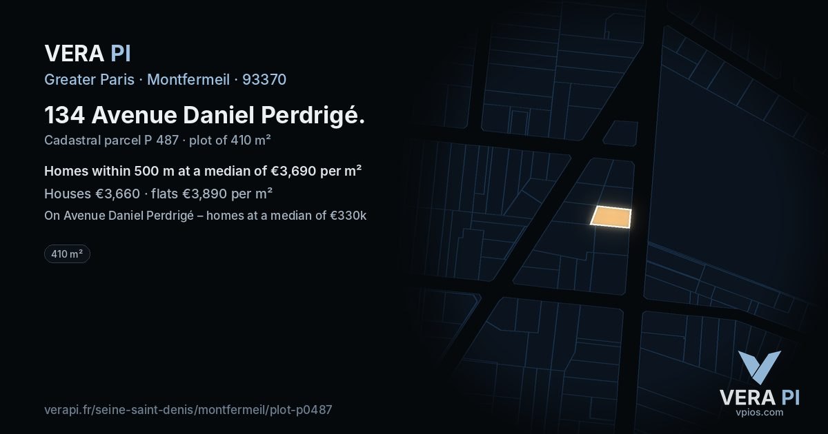 134 Avenue Daniel Perdrigé, Montfermeil at night – the plot lit, the parcels around coloured by the prices near them