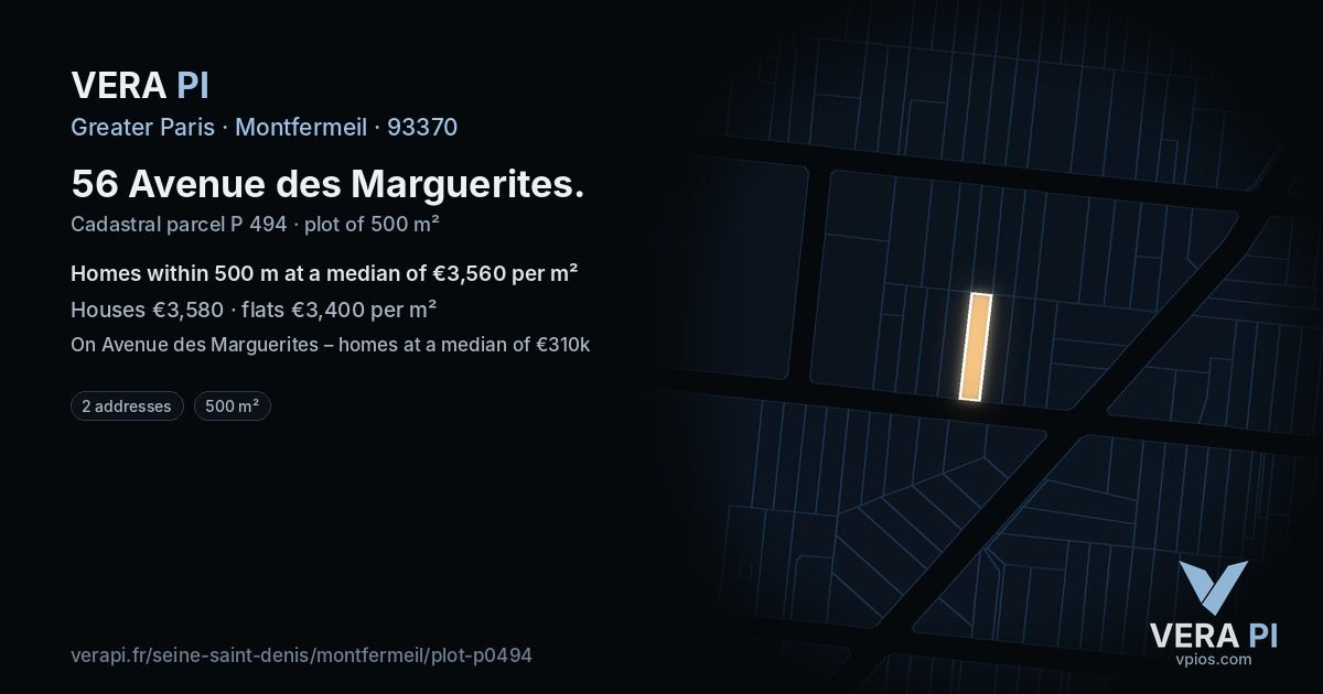 56 Avenue des Marguerites, Montfermeil at night – the plot lit, the parcels around coloured by the prices near them