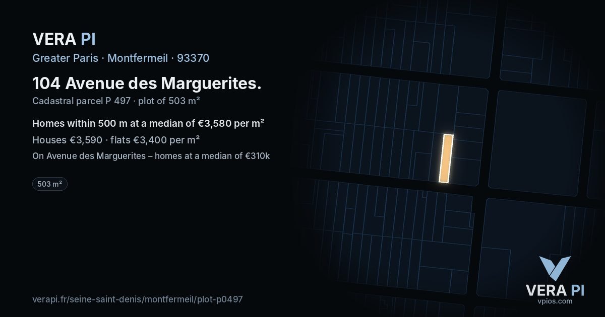 104 Avenue des Marguerites, Montfermeil at night – the plot lit, the parcels around coloured by the prices near them
